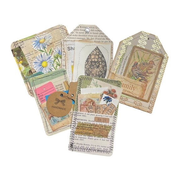 5 Handmade Bookmark Junk Journal Tags Sewn Vintage Style Scrapbook u E - Picture 1 of 13